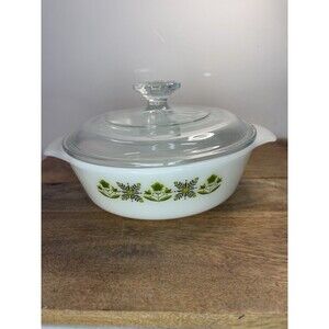 VTG Fire King Anchor Hocking Meadow Green 436 Round Casserole  1 QT With Lid